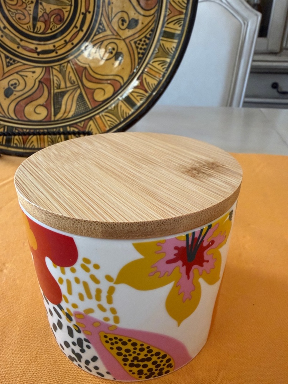 Ceramic Storage Jar with Bamboo Lid - Yellow & Red Leaf Design - Picture 3 of 13